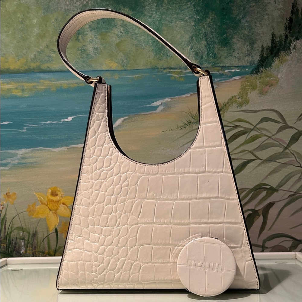 STAUD Rey Cream Croc-Embossed Shoulder Bag with Compact